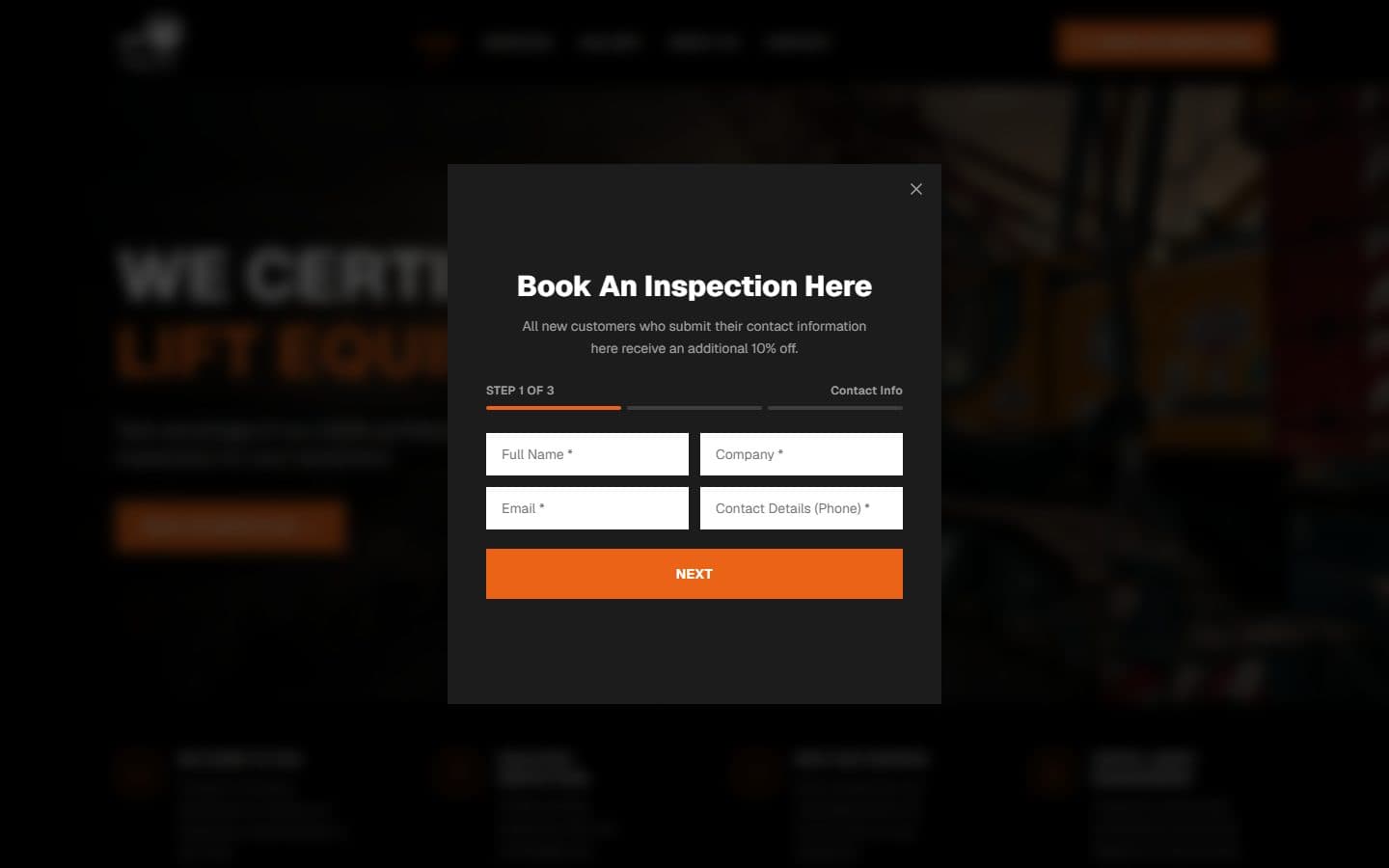 Three-step "Book an inspection" modal