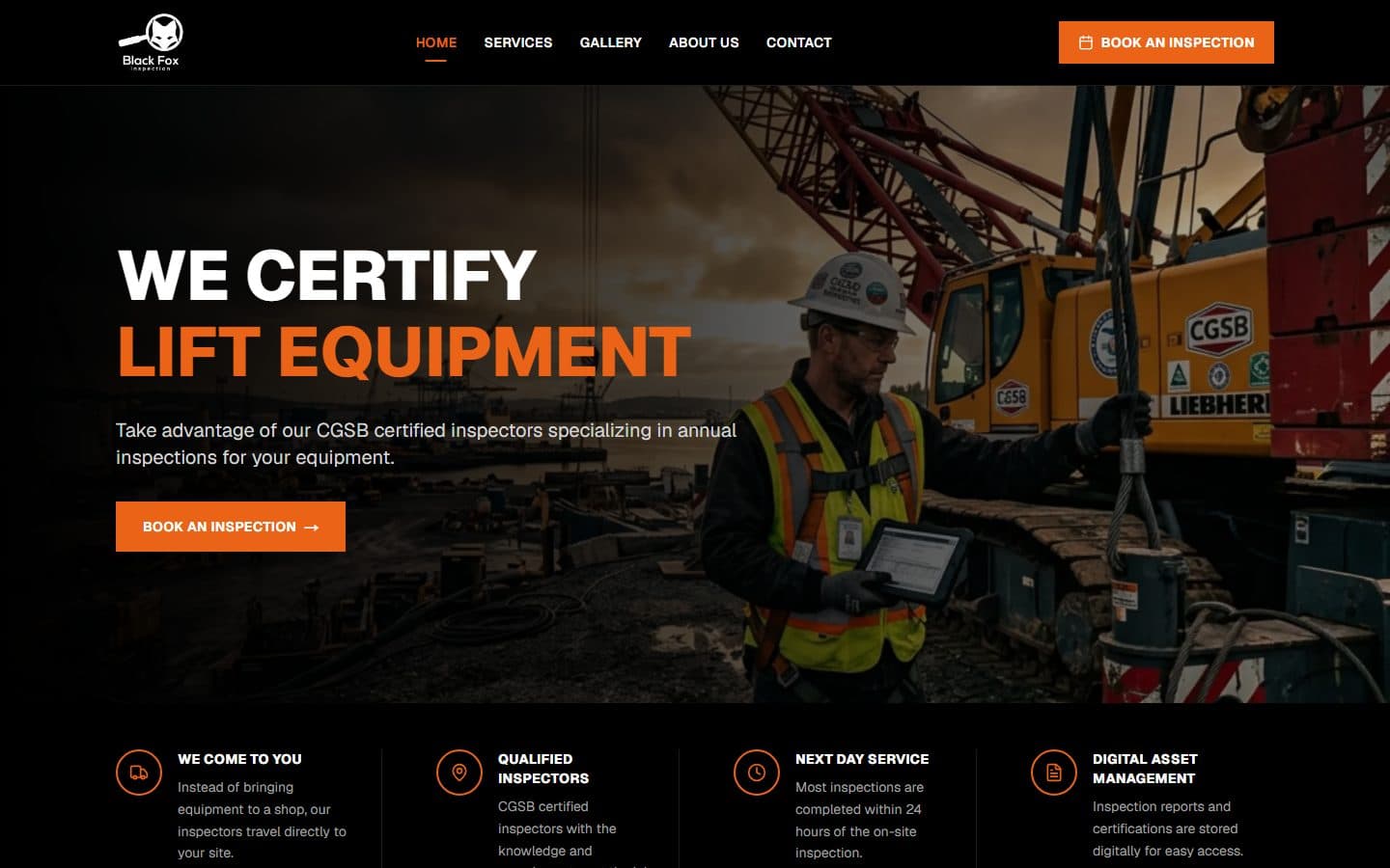Home page hero: "We certify lift equipment"
