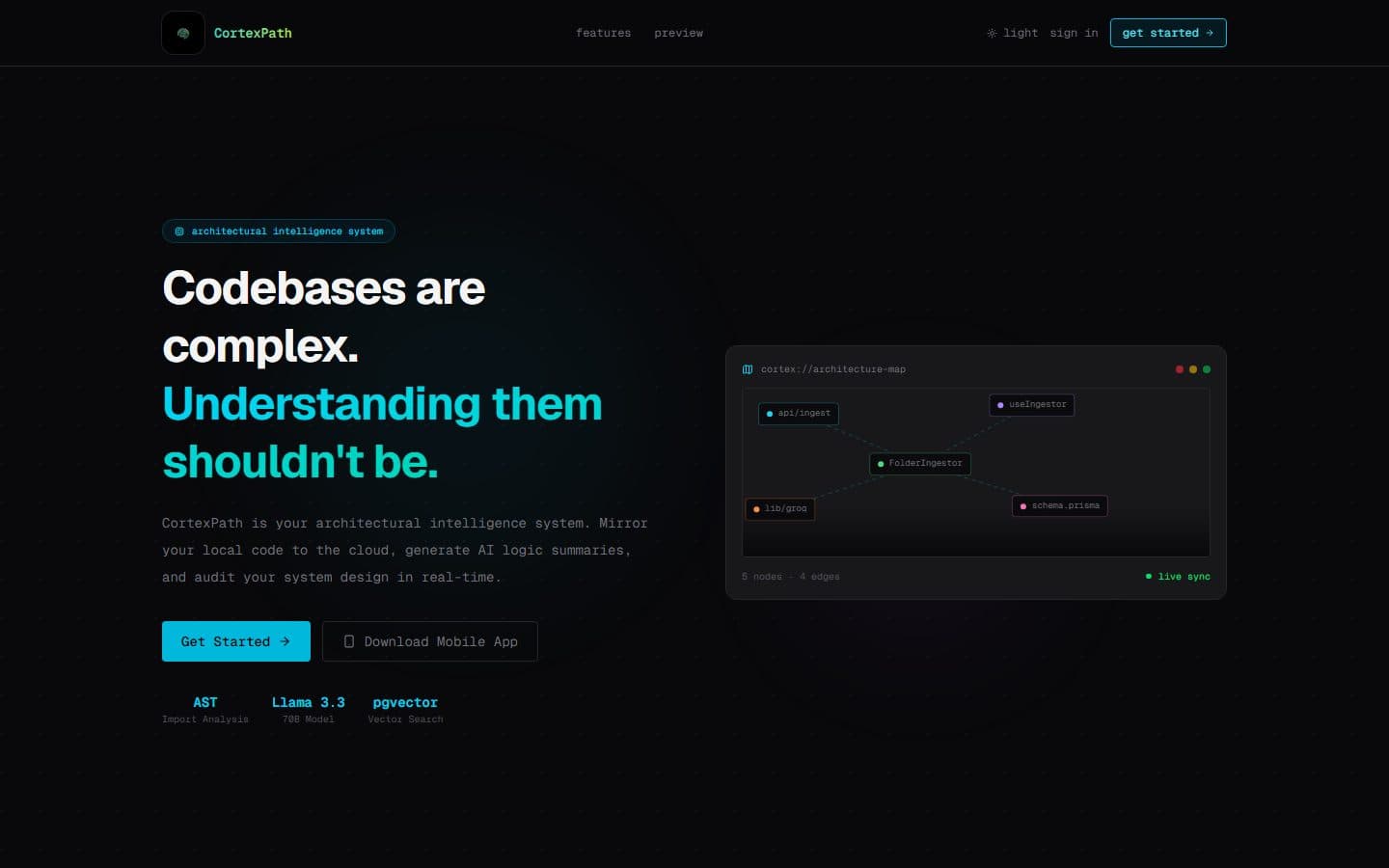 CortexPath landing page with the live architecture-map preview