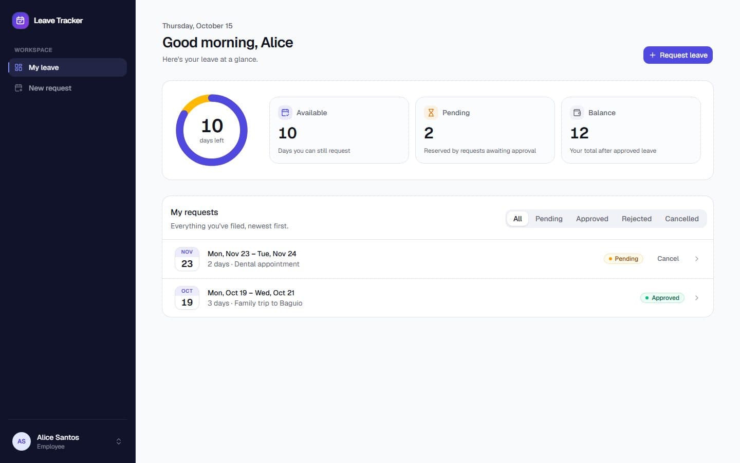 Employee dashboard: balance ring, pending days and request history (local demo data)