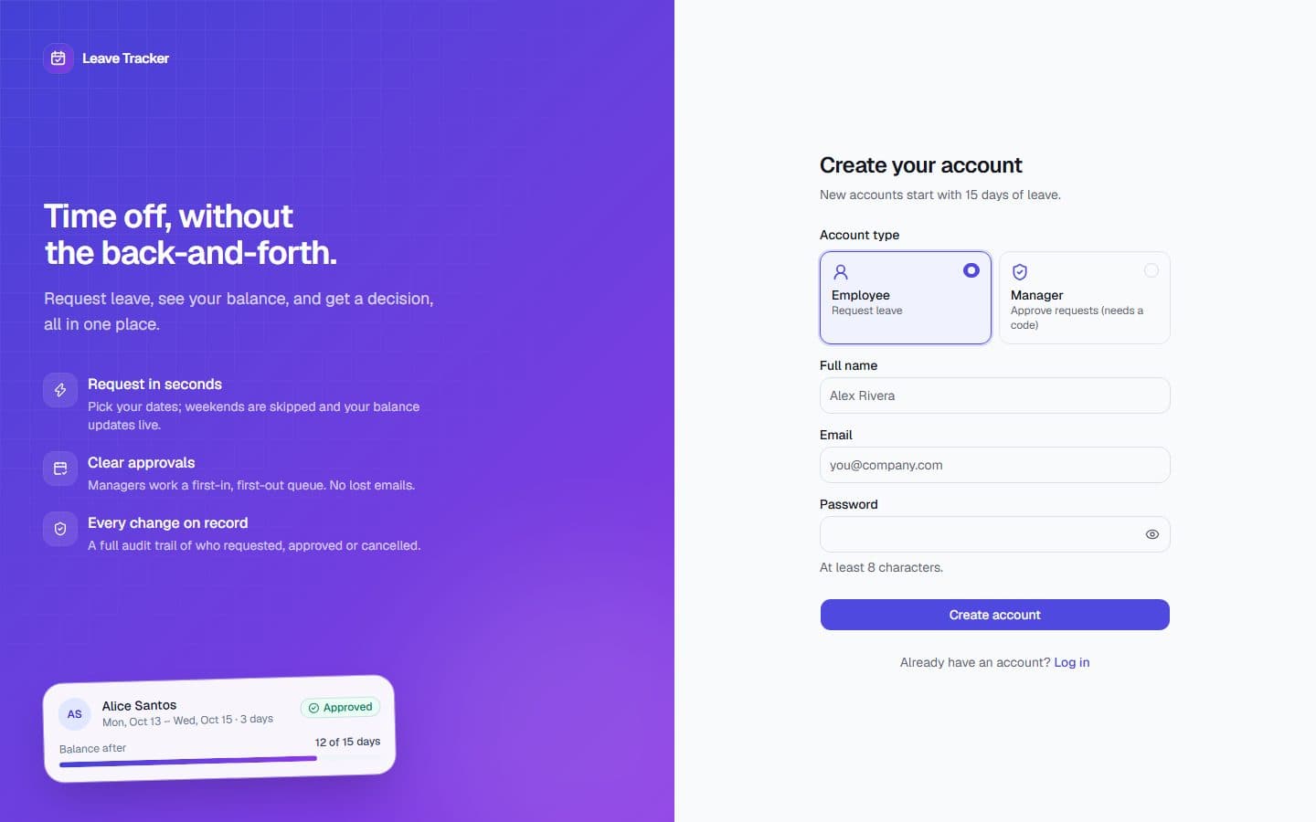 Account creation with employee or manager role (live site)