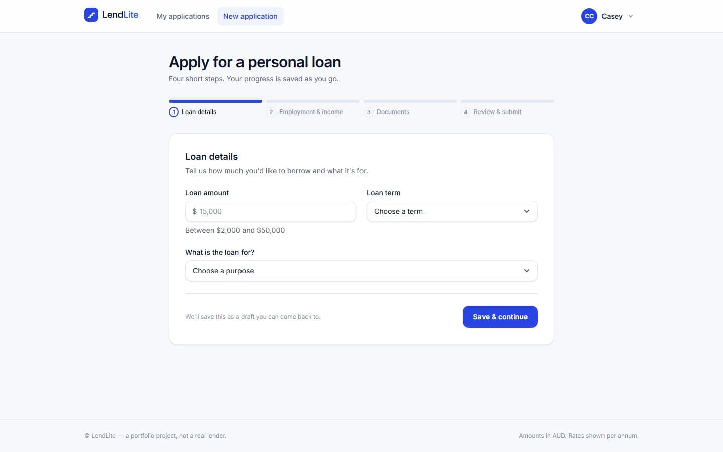 Four-step loan application wizard