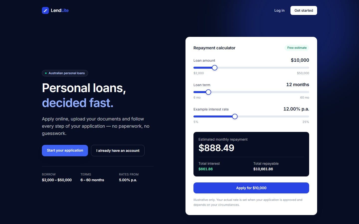 Landing page with the live repayment calculator