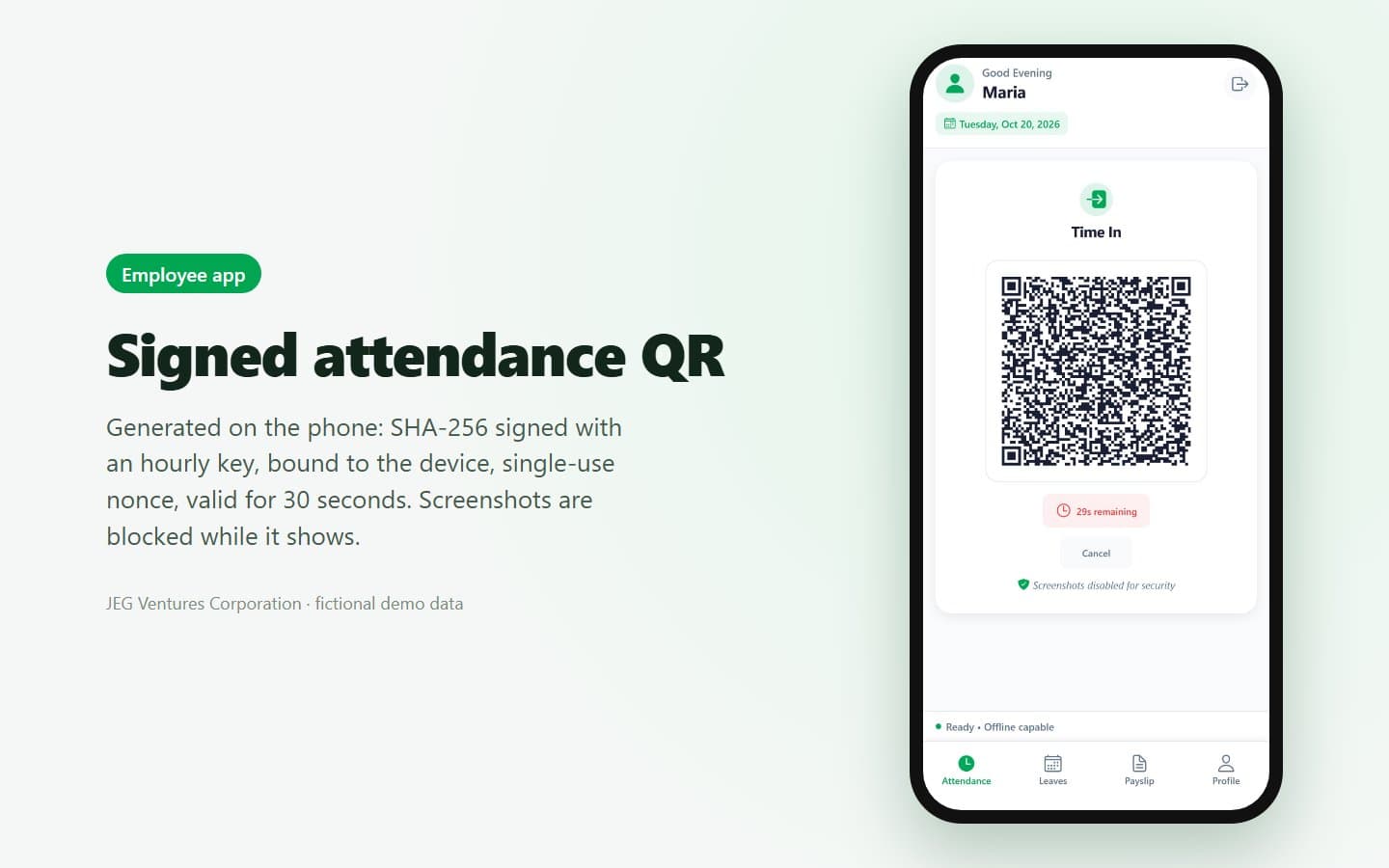 Employee app: signed Time In QR code with its 30-second countdown (fictional demo data)