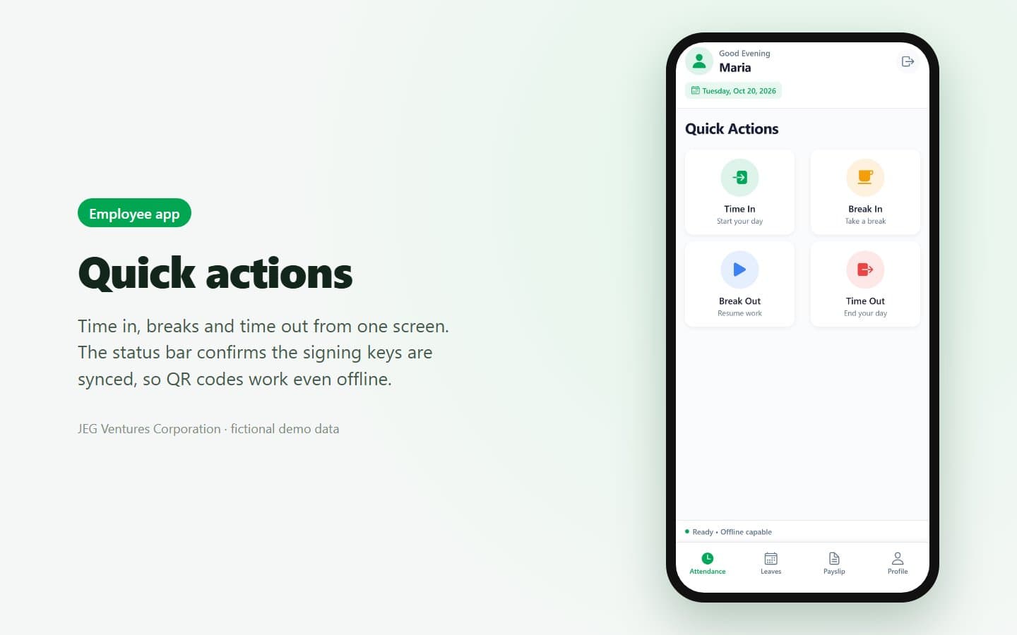 Employee app: quick actions for time in, breaks and time out, offline-ready (fictional demo data)