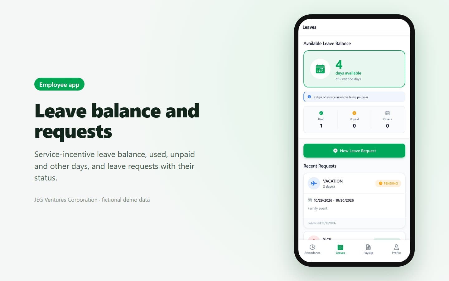 Employee app: leave balance and leave requests (fictional demo data)
