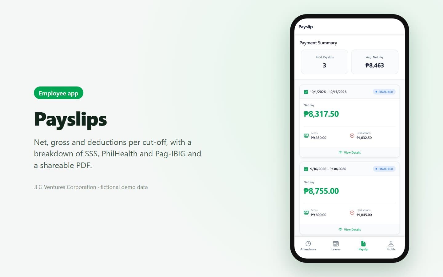 Employee app: payslips with net, gross and deductions per cut-off (fictional demo data)