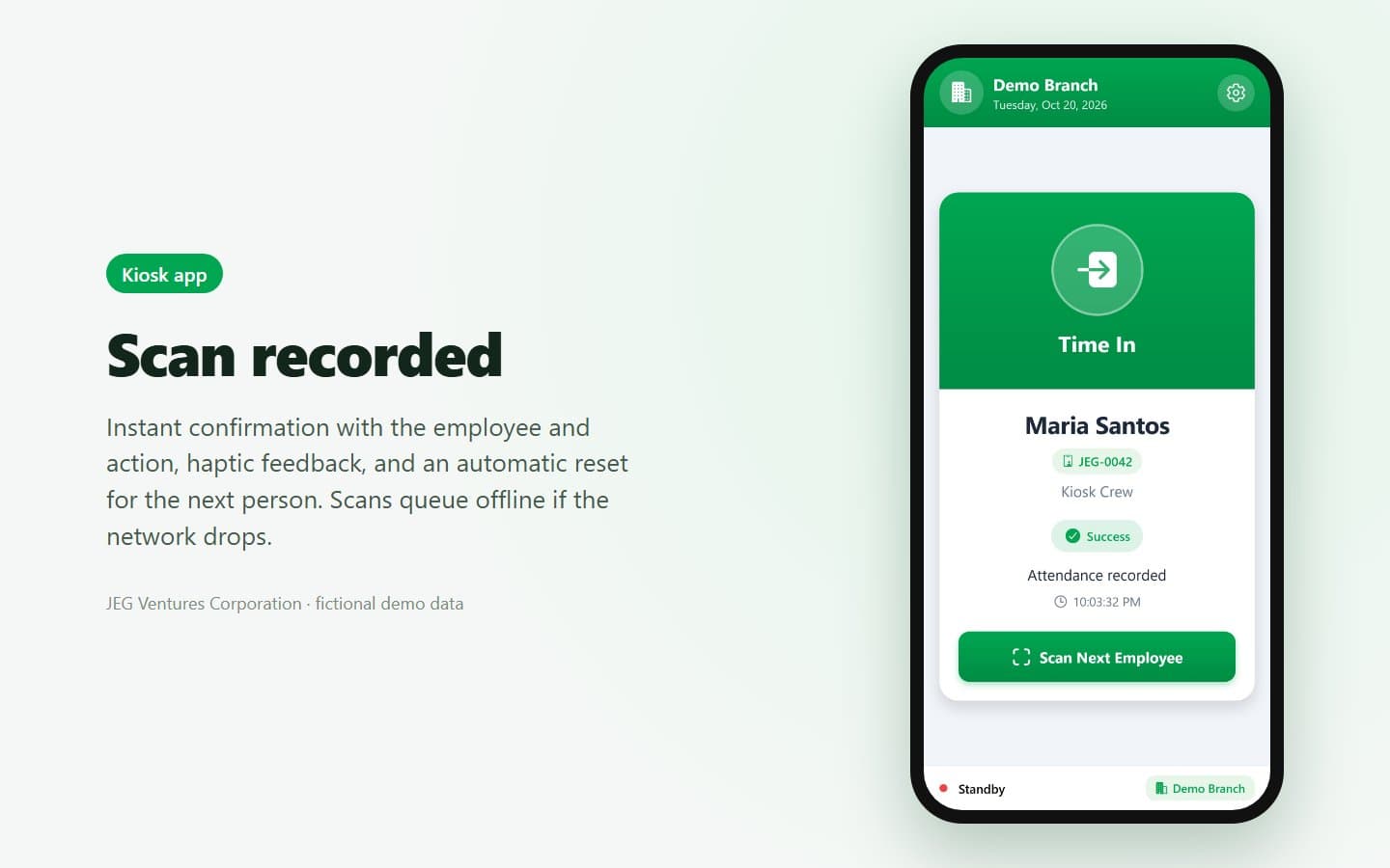 Kiosk app: scan recorded, with the employee and action confirmed (fictional demo data)